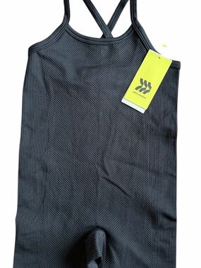 all in motion Black bike leotard, Ribbed Cross-Back Kids One-Piece